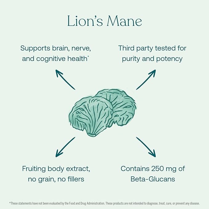 True Grace Mushroom Lion's Mane Brain, Nerve & Cognitive Support - 60 Count Capsules - Organic