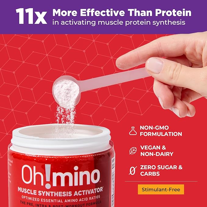 Ohmino Essential Amino Acids for Muscle Gain - BCAAs and EAA Amino acids Powder Supplement, Pre & Post Workout - Non Caffeine, Non Dairy, Vegan, Zero Sugar & Net Carbs - 40 Servings (Berry Blast)