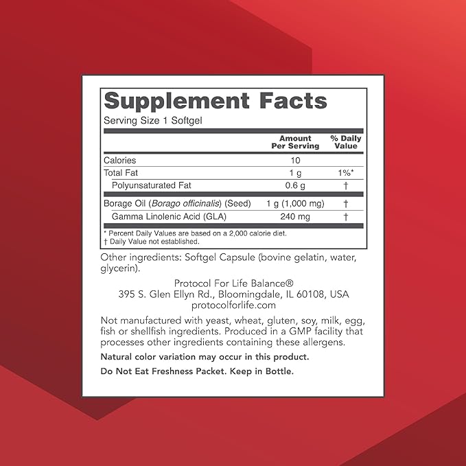 PROTOCOL FOR LIFE BALANCE Borage/GLA 1,000mg - 240mg GLA - Expeller-Pressed & Hexane-Free - Support Normal Immune Function - Borage Seed Oil - Dairy & Soy Free - 60 Softgels