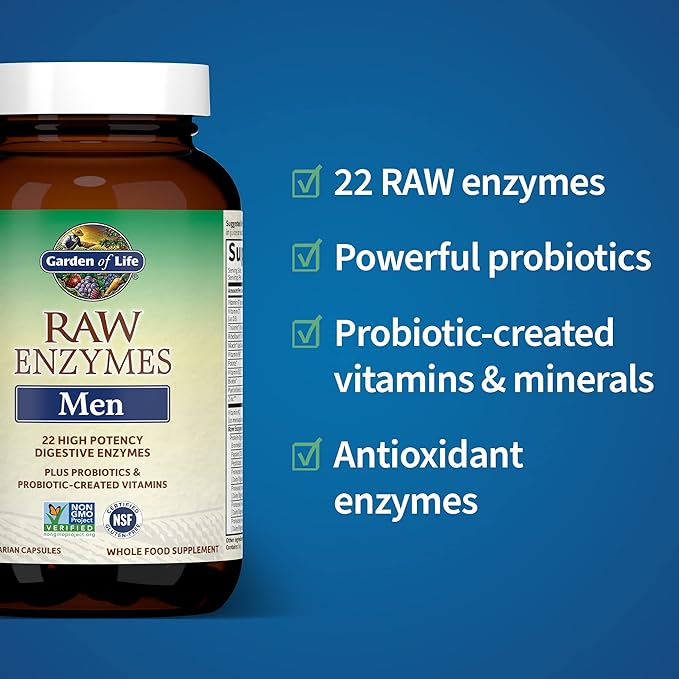 Garden of Life 22 Digestive Enzymes for Men with Bromelain, Papain & Lactase Plus Probiotics & Whole Food Vitamins B12, Biotin & Zinc – RAW Enzymes – Non-GMO, Gluten-Free, Vegetarian, 90 Capsules