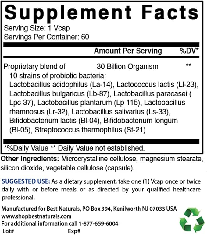 Best Naturals Probiotic 10 Strains & 30 Billion CFU Intestinal Flora, 60 Veggie Capsules (60 Count (Pack of 3))