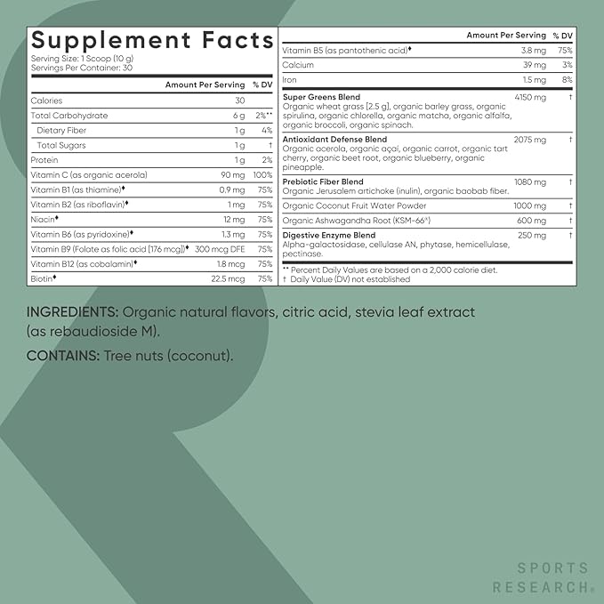 Sports Research® Organic Greens Superfood Powder w/Spirulina & Chlorella, Adaptogens, Enzymes, Probiotics & 8 VIT Bs for Gut & Mood Support* - Vegan, Sugar-Free & Low-Cal Original 30 Servings