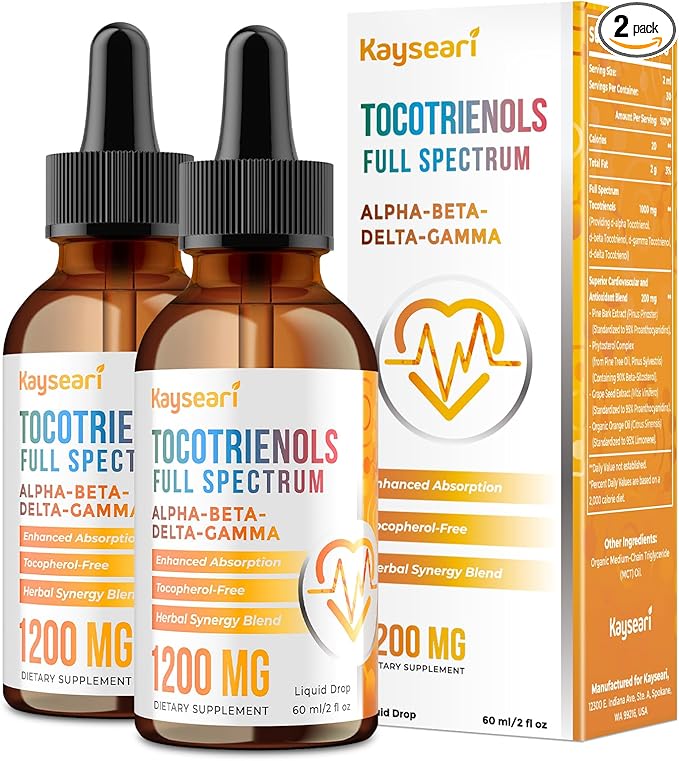 Full Spectrum of Tocotrienols Supplement 1200mg- Tocotrienol Vitamin E Liquid,Tocopherol-Free - Superior Antioxidant Blend - Higher Absorption - 2 Pack