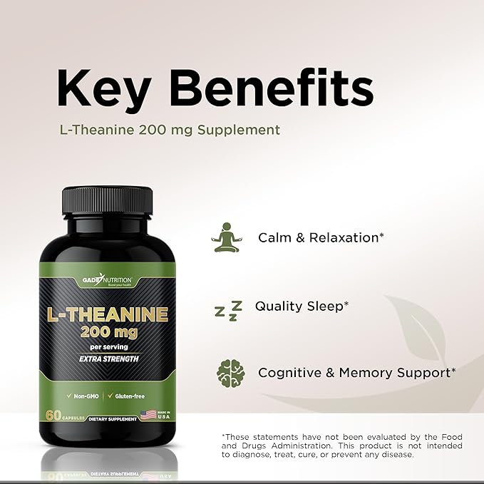 Gade Nutrition L-Theanine 200mg | L Theanine 200 mg | L Theanine Supplement in Vegetable Capsules | Made in USA | Take 2 Capsules for L Theanine 400mg