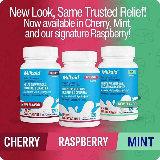 Milkaid Lactase Enzyme Chewable Tablets for Lactose Intolerance Relief | Prevents Gas, Bloating & Diarrhea | Fast Acting Dairy Digestive Supplement (120 Tablets, Raspberry)
