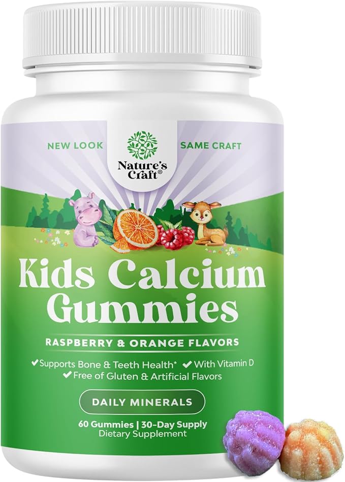 Natures Craft Tasty Kids Calcium Gummies - Vitamin D & Calcium Gummies for Children - Vitamin with & D for Muscle Bone Development Gelatin-Free Kosher Childrens 60ct (1 Pack)