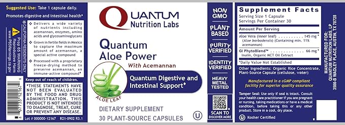 QNL Quantum Aloe Power - Organic Aloe Vera Capsules - Digestive Nutritional Supplement - Gut Health Supplement for Men & Women - Vegan Gut Supplement - 30 Plant-Source Capsules