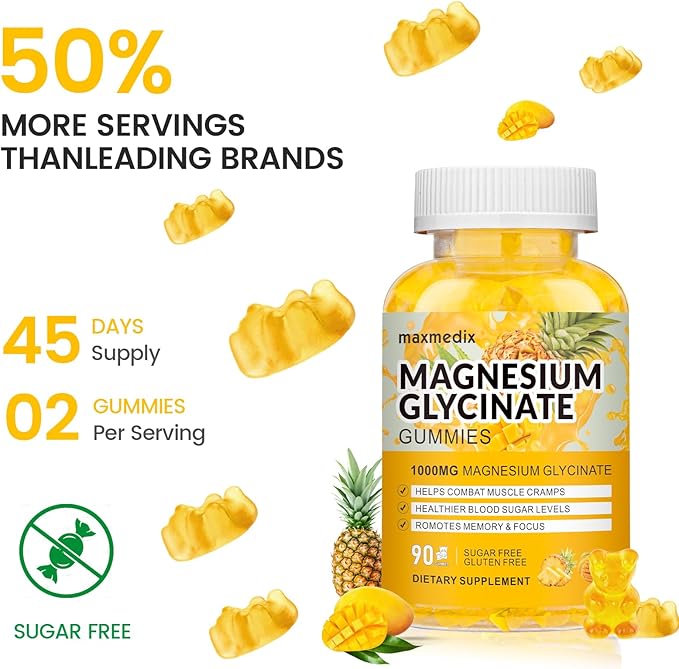 Magnesium Gummies 1000mg -Magnesium Glycinate Supplement and Magnesium L-Threonate Gummy,Sugar Free Magnesium Potassium Supplement for Calm Mood, Muscle, Bone & Sleep Support 90 MangoPineapple Gummies