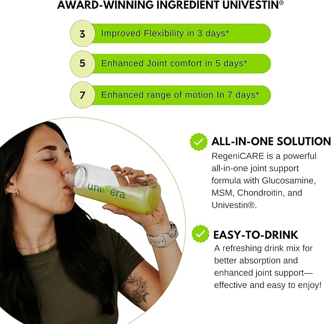 Univera RegeniCARE Gift Set with Bottle and Frother – Joint Support with Glucosamine, Univestin, MSM, Chondroitin – 30 Servings, Green Apple