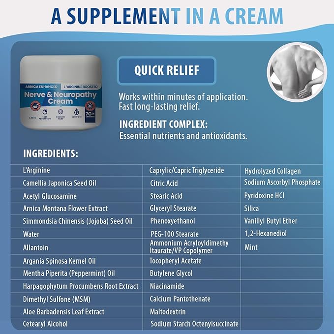 Neuropathy Cream Arnica Enhanced and L’Arginine Boosted Formula - Maximum Strength Relief for Foot, Hands, Legs, Toes Includes 7grams of L’Arginine; Vitamin B6, MSM, Arnica, Aloe -2.82oz