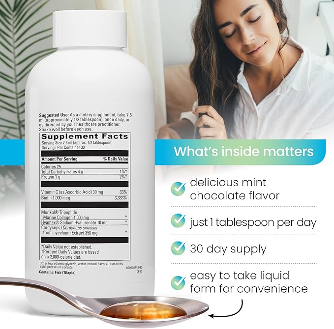 Advanced Hydrolyzed Marine Collagen Peptides - Anti-Aging and Skin Renewal Tripeptide Supplement for Hair, Skin and Nails - Helps Maintain Healthy Joints | Mint Chocolate Flavor - 30 Servings