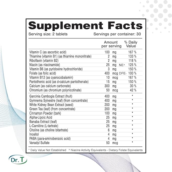 Dr. T Gluco Control Dietary Supplement - Garcinia Cambogia, Gymnema Sylvestre, White Kidney Bean Extract, Green Tea - 60 Capsules (1)