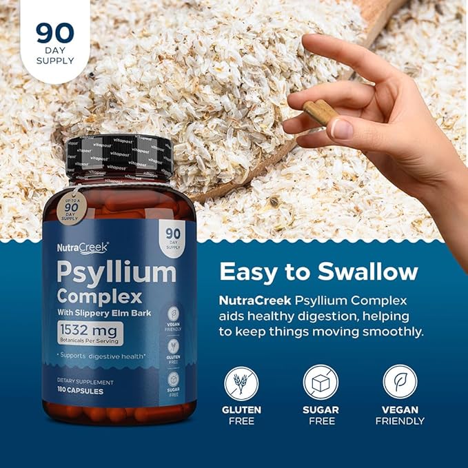 Psyllium Complex | 11-Ingredient Psyllium Husk Capsules with Psyllium Powder, Slippery Elm & Ginger to Cleanse & Support Digestive System Health | 180 Capsules