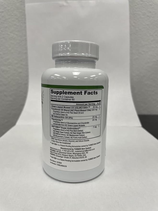 TURNER New Zealand Green Lipped Omega-3 Mussel Oil, 53x Higher Potency with UAF1000+ Super Antioxidant for Superior Joint Comfort & Mobility, No Fishy Aftertaste, 1 Bottle, 120 Softgels