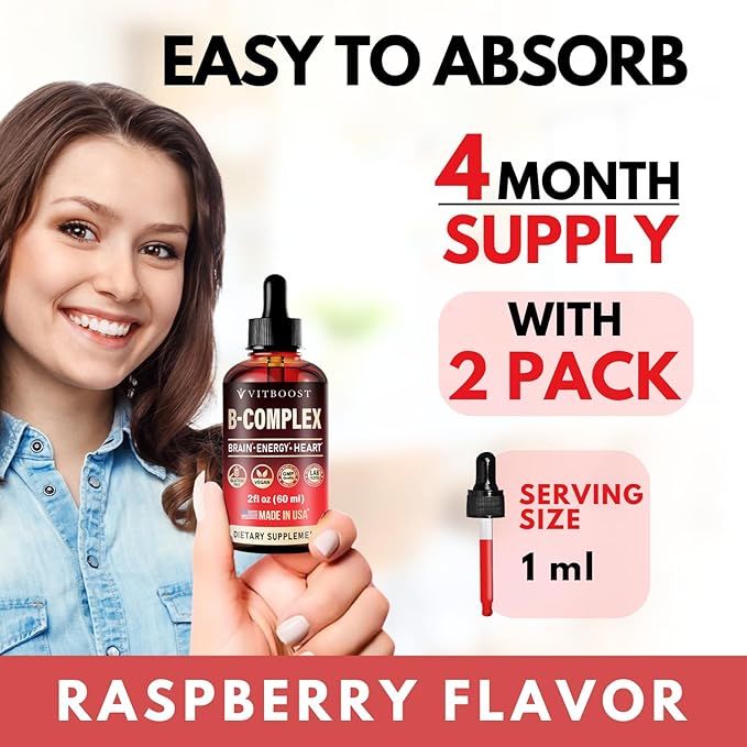 Vitamin B Complex with 20000 mcg - Extra Strength for Men and Women - Vegan| Raspberry Liquid Drops| USA Made, B1, B2, B3, B5, B6, Biotin, Folic Acid & B12 Sublingual Methylcobalamin | 4 Months Supply