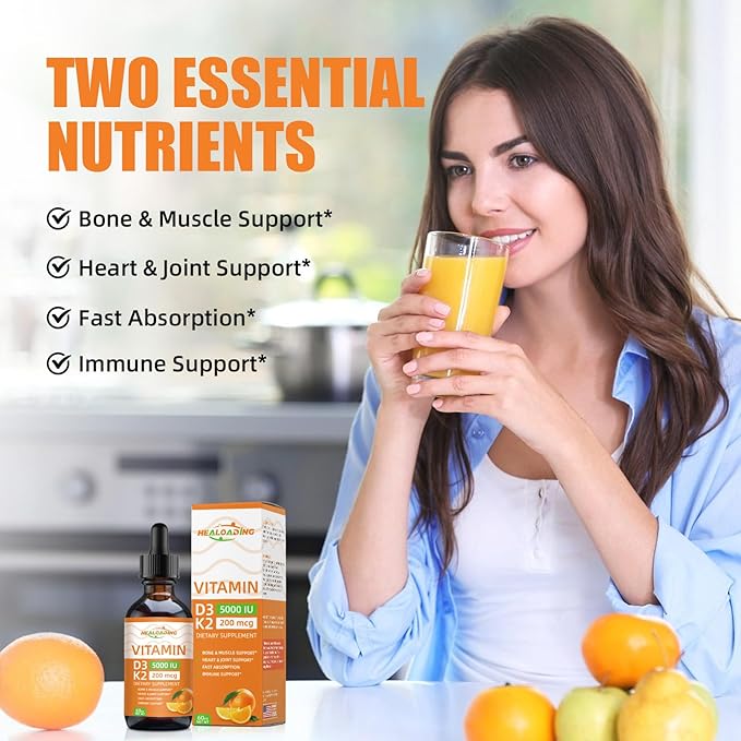 HEALOADING Vitamin D3 K2 Drops, Organic Plant D3 + K2, Vitamin D Liquid 5000 IU, K2 200 mcg Liquid K2 D3 Vitamin Supplements for Body’s Defenses, Faster Absorption, Healthy Bones and Immune Support