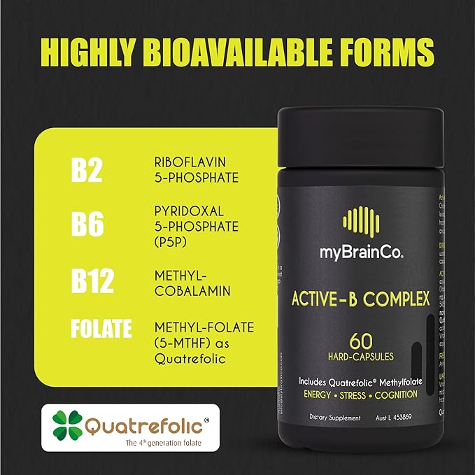 myBrainCo Active-B Complex Supplement - High Strength Activated Vitamin B Complex - Potent B2, B6, B12 Vitamins and Methyl-Folate Supplement to Support Cellular Energy and Cognition (60 Vege-Capsules)