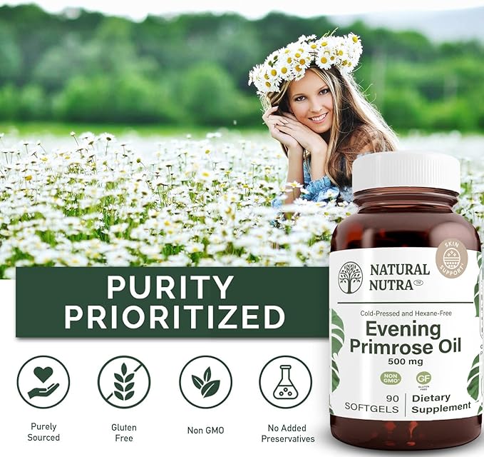 Natural Nutra Evening Primrose Oil Supplement from Fatty Acid, Nerve Health, Helps Reduce Skin Blemishes, Balance Body Secretions, Promote Heart Health, Skin Clarity, 500 mg, 90 Softgels