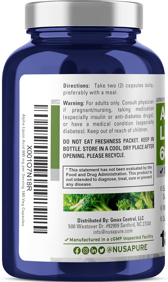 NusaPure Alpha Lipoic Acid 600 mg per Serving 180 Veggie Capsules (Vegetarian, Non-GMO, Vegan)