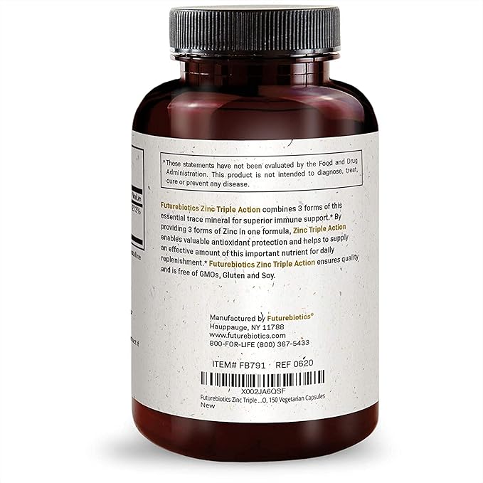 Futurebiotics Zinc Triple Action 30mg Key Nutrient Blend Immune Support Supplement with Zinc Acetate, Picolinate & Orotate - Immune, Antioxidant & Skin Health Support - 150 Vegetarian Capsules