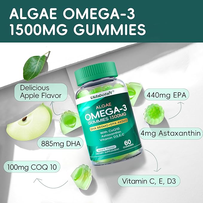 2 Pack Vegan Omega 3 Gummies 1500mg, Algae Omega 3 Supplements DHA 885mg & EPA 440mg, with Coq 10,Vitamin E,C,D3 for Brain,Eye Support, Fish Oil Supplements Alternative, Sugar Free, 120 Counts