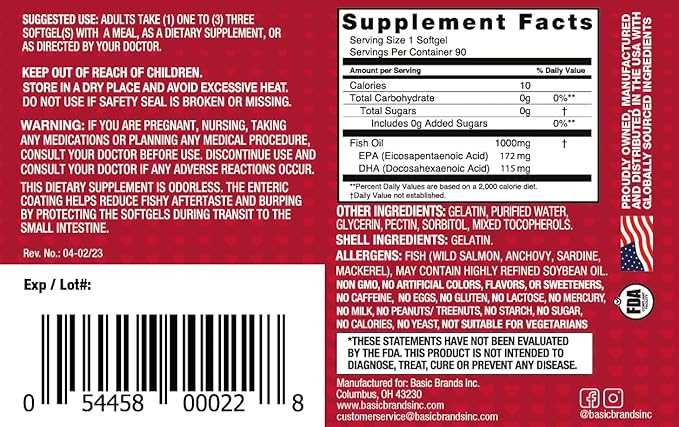 Smart Heart Odorless Omega-3 Fish Oil 1000mg - Triple Strength EPA & DHA, Non-GMO, Heart & Cognitive Support - 90 Burpless Softgels - 2-Pack