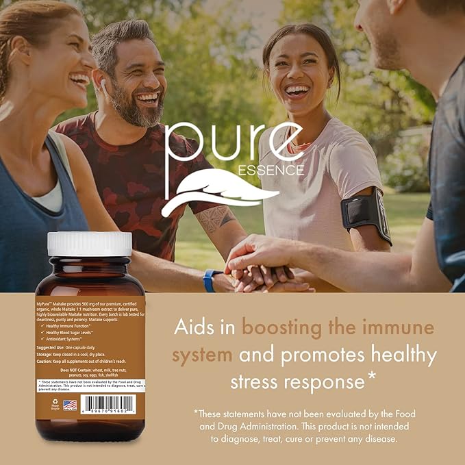 PURE ESSENCE LABS MyPure Maitake Mushrooms - Concentrated Maitake Mushroom Powder Supplement for Immune System Support, Stress Relief, Build Energy, Strength Booster for Men & Women - 2 Month Supply