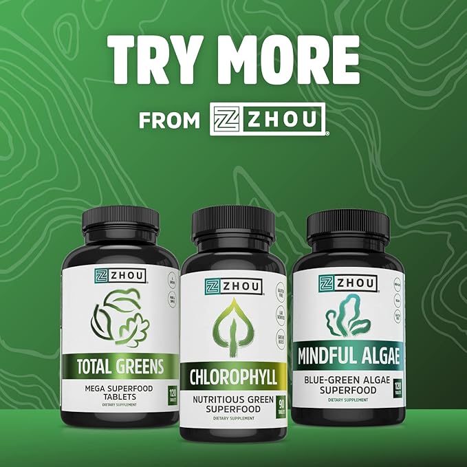 Zhou Nutrition Chlorella Tablets, Algae Superfood, Chlorella Broken Cell, Vegan Supplement, Gluten-Free, 120 Tablets