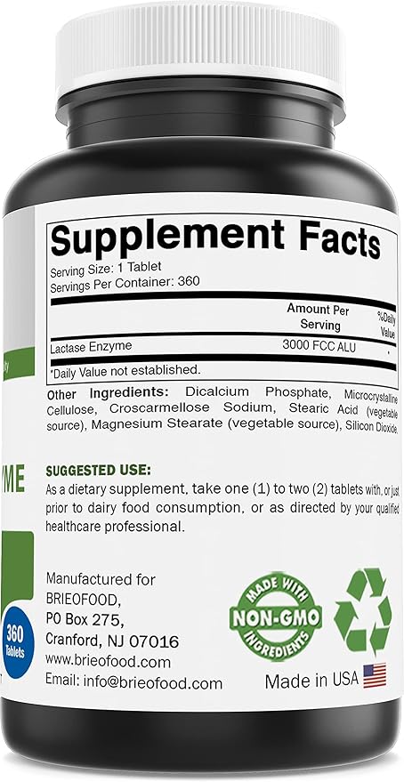 Brieofood Lactase Enzyme Pills - 3000 FCC ALU - 360 Tablets - 360 Servings - Non-GMO, Gluten Free