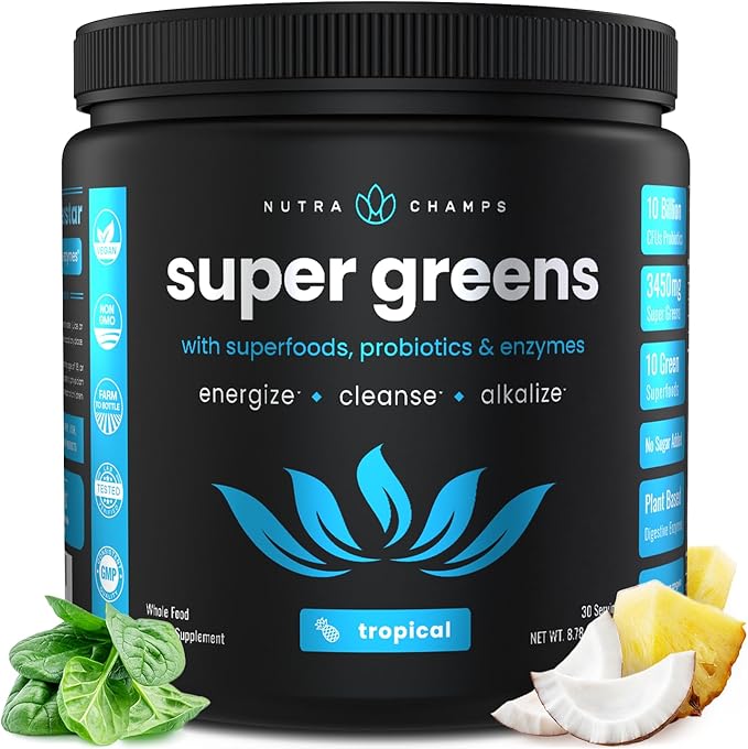 NutraChamps Super Greens Powder Premium Superfood | 20+ Organic Green Veggie Whole Foods | Wheat Grass, Spirulina, Chlorella | Antioxidant, Digestive Enzyme & Probiotic Blends (9.1 OZ, Tropical)