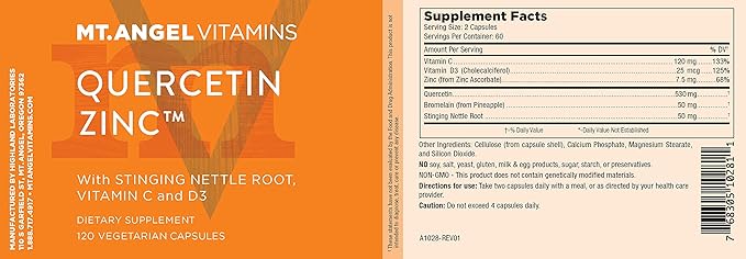 Mt. Angel Vitamins - Zinc Quercetin with Bromelain Supplement – Immune Support & Respiratory Health - Quercetin 500mg Capsules | Zinc 50mg | Vitamin C Capsules | Immune Booster for Adults - 120ct.