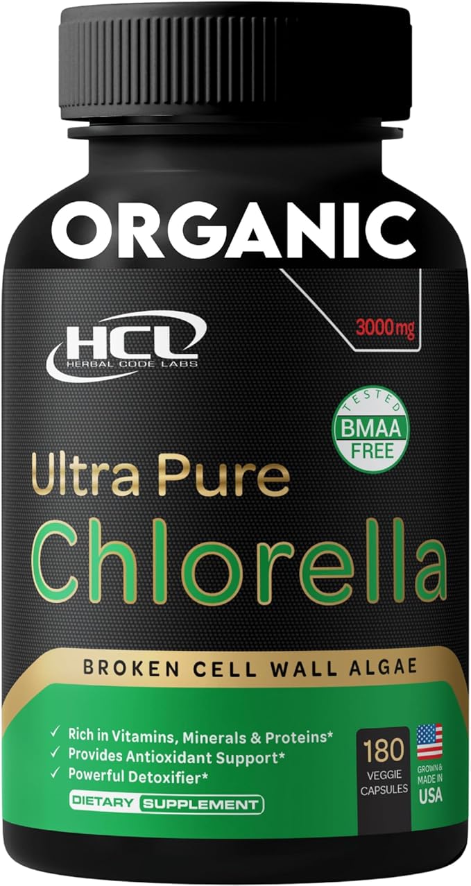 Chlorella Capsules Organic 3000 mg - Cracked Cell Wall Blue Green Algae Supplement - Best Natural Detox Cleanse - Plant Vitamins Minerals Chlorophyll Vegan Protein Powder Pills - Made in USA