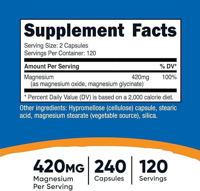 Nutricost Magnesium+ Extra Strength 420mg, 240 Capsules - 120 Servings. Magnesium Oxide and Glycinate - Non-GMO, Gluten Free, Vegan Friendly