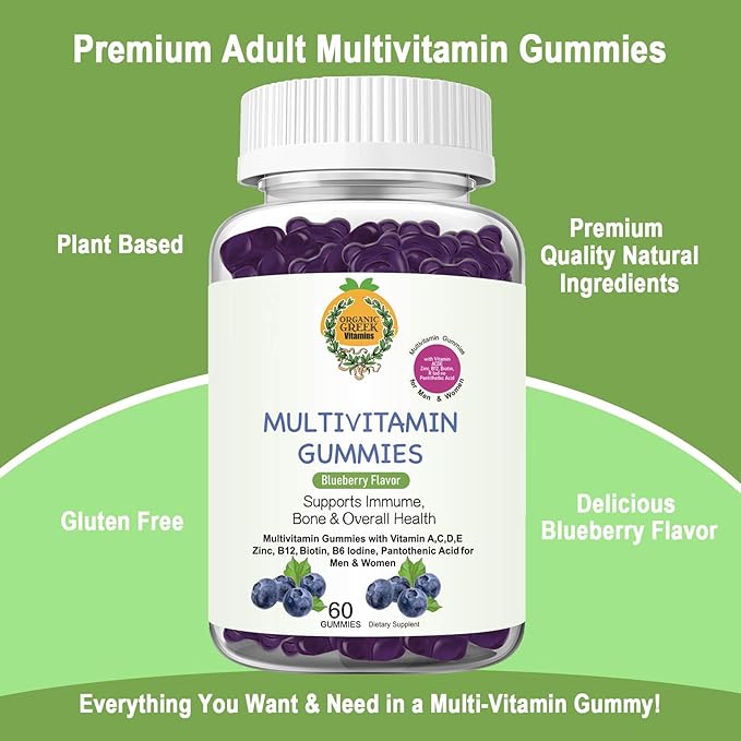 Organic Greek® Multivitamin Gummies with Vitamin A, C, D, E, Zinc, B12, Biotin, B6, Iodine, Pantothenic Acid for Men & Women with 13 Vitamins and Minerals Blueberry Flavor