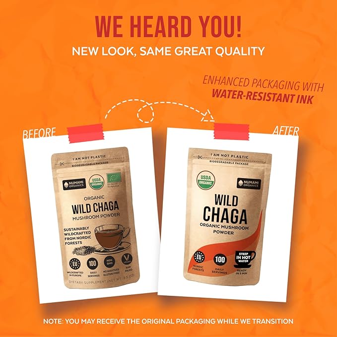Organic Chaga Mushrooms Powder - Fine Powder to Make Chaga Tea for Immune Defense and More Energy, Organic Chaga is Wild Grown and Sustainably Harvested in Europe, Certified USDA Organic, 100 servings