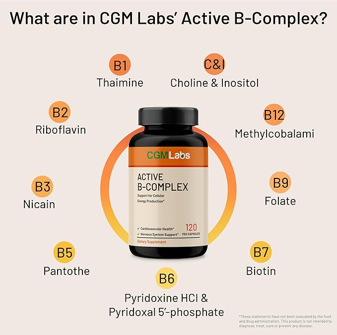 Vitamin B Complex - Active B1, B2, B3, B6, B12, Thiamine, Riboflavin, Niacin, Folate, Biotin, Pantothenic Acid, Inositol by CGM Labs