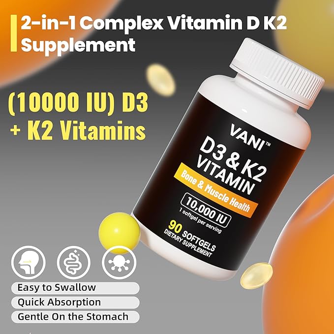 VANI Vitamins D3 (10000iu/250mcg) + K2 (as Mk7), for Bone & Muscle & Teeth Health, 90 SOFTGELS