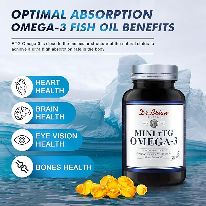 Dr.Brian Fish Oil Supplement 130 Softgel, Highly Absorbed rTG Mini Omega 3 Fish Oil Capsule with EPA/DHA Fatty Acids Vitamin D E, 500mg rTG Omega-3 Support Heart Brain Immune Health No Fishy Taste