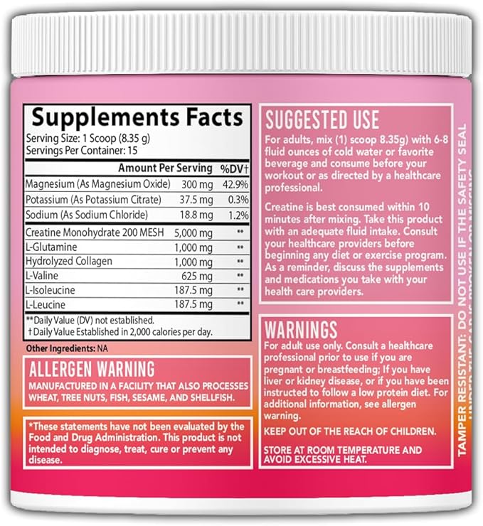 Women's Creatine Monohydrate Powder Glute Builder, 5g Vegan Creatina w. Collagen, Glutamine, BCAAs & Hydration Blend for Recovery, Energy, Pump, Muscle Support, Drink Mix, Unflavored (125g, 1-Pack)