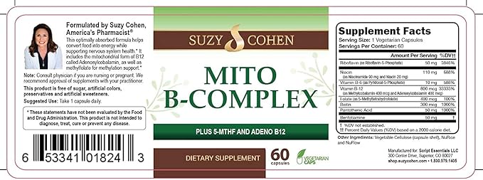 Suzy Cohen, Mito B Complex Dietary Supplement, 5-MTHF, Adeno B12, Methylation Support, Supports Healthy Nervous System, Boost Energy, Vitamin B, 60 Servings
