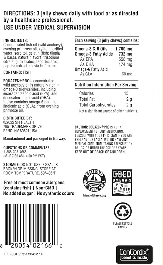 Equazen Pro SFI Health Fish Oil Jelly Chews - Omega 3 & Omega 6 for Kids & Teens - EPA, GLA & DHA for Kids Mood, Memory & Focus Support - Optimized for Bioavailability & Absorption (45 Jelly Chews)
