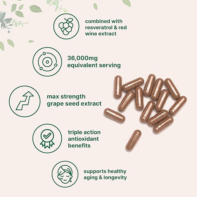 Grape Seed Extract 36,000mg Equivalent, 240 Capsules | Antioxidant Blend with Resveratrol & Red Wine Extracts | Max Strength Polyphenols Supplement | Heart, Brain, Cell, & Skin Health Support