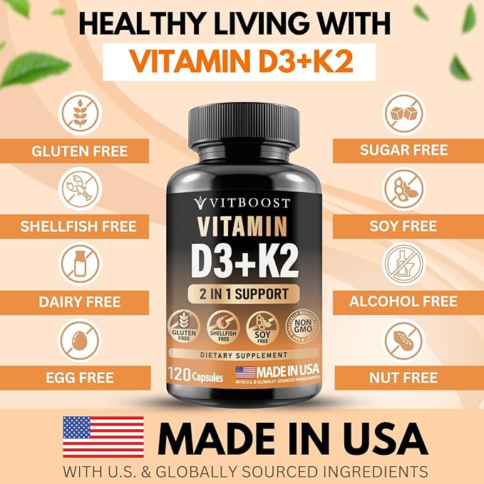 Vitamin D3 K2 Complex - Easy to Swallow - Vitamin D (D3) 5000 IU (125 mcg) & K2(MK-7) 90 mcg | Non-GMO | Gluten-Free | USA Made | 120 Capsules