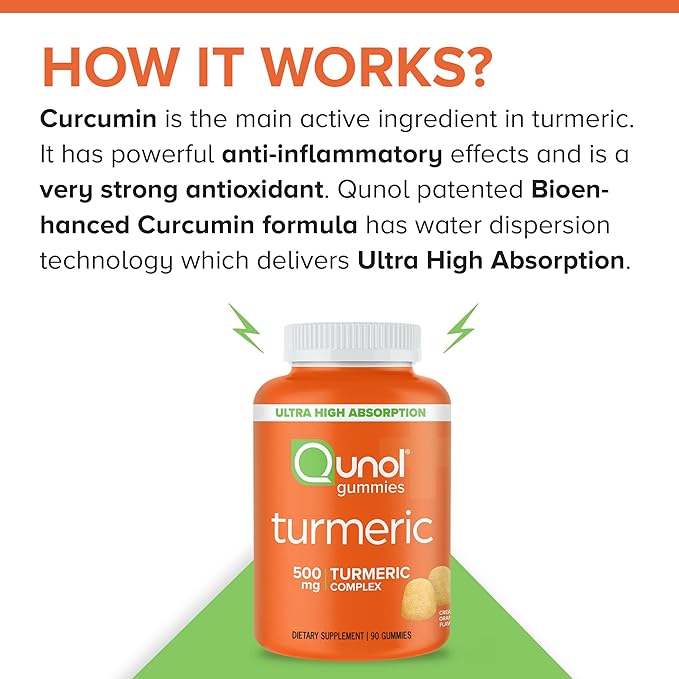 Qunol Turmeric Gummies, Gummy with 500mg Turmeric Curcumin, Joint Support Supplement, Ultra High Absorption Tumeric Curcumin, Vegan, Gluten Free, 90 Count