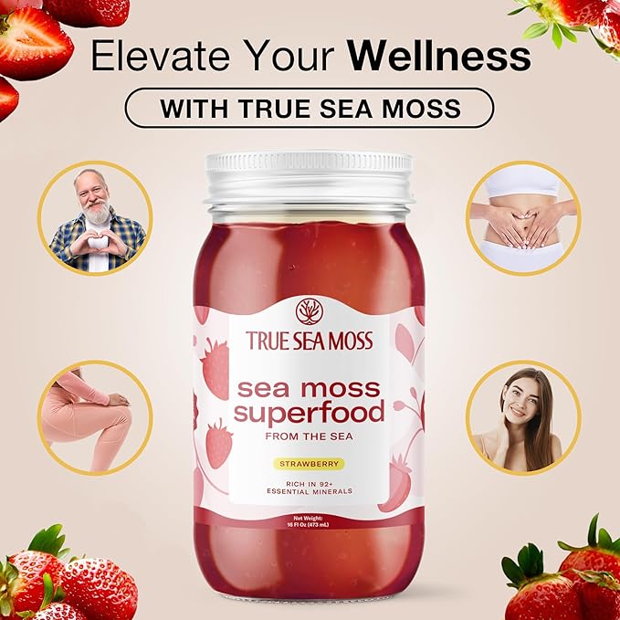 Sea Moss Gel – Made in USA – Wildcrafted Seamoss, Fresh Fruits & Sea Vegetables – Strawberry, Pack of 1 (Labels may Vary)