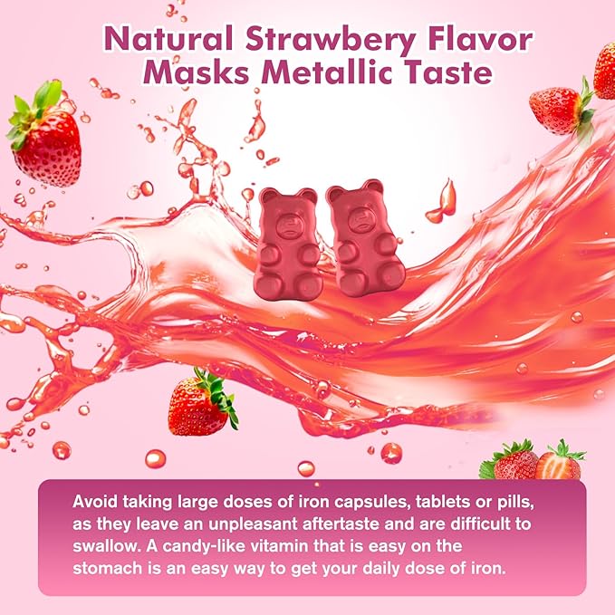 Iron Supplement for Women & Men Gummies, Multivitamin Blood Builder Iron Supplement with Folate Vitamin C B12 B6 Zinc for Adults & Kids - Energy Support - Strawberry Flavor, Vegan 60 Gummies