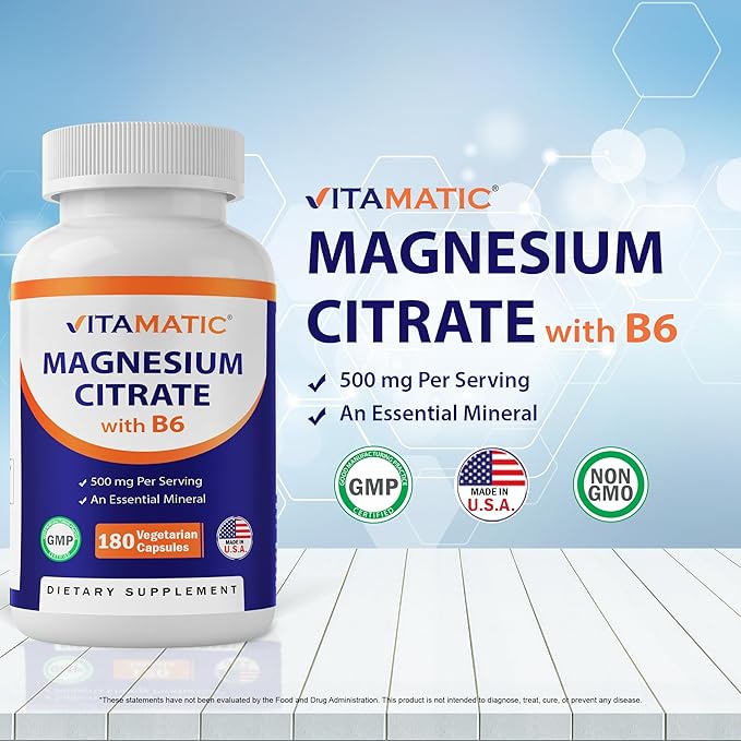 Vitamatic Magnesium Citrate 500mg per Serving - 180 Vegetarian Capsules (Provides 150 mg of Elemental Magnesium) - Added B6 for Maximum Absorption - Supports Muscle, Joint, and Heart Health*