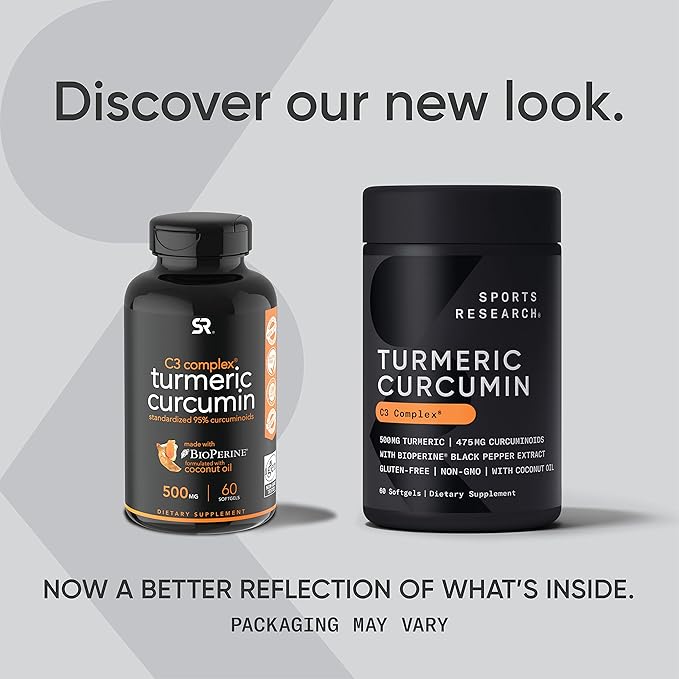 Sports Research Turmeric Curcumin C3 Complex 500 mg, Enhanced & Black Pepper and Organic Coconut Oil for Better Absorption; Non-GMO and Gluten Free - Standardized 95% Curcuminoids (60 Count Softgels)