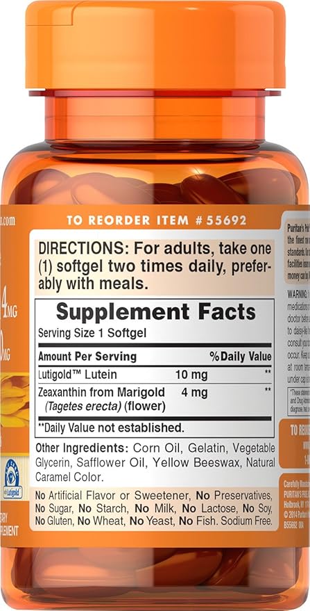 Puritan's Pride Zeaxanthin 4mg with Lutigold™ Lutein 10mg Carotenoids, Dietary Supplement for Healthy Eyes and Vision, 60 Easy-to-Swallow Rapid Release Softgels