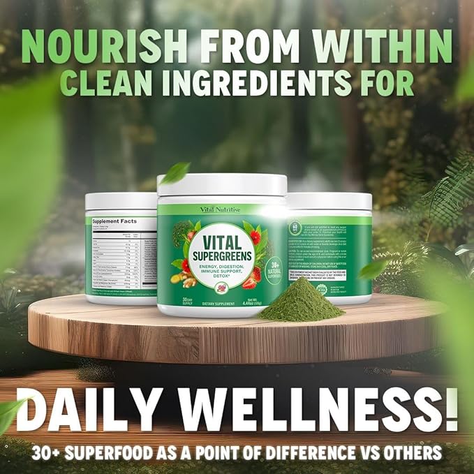 Vital Greens Superfood Powder - Daily Green Drink Powder with Probiotics and Superfoods - Supergreens for Energy Boost, Gut Health, Digestion Support, Plant-Based Nutrition, Vegan Superfoods